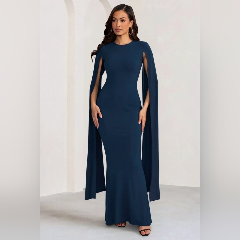 Club L London Navy Blue Cape Sleeve Bodycon Dramatic Maxi Dress Women's Size 4 - Picture 2 of 11
